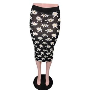 BooHoo Retro Pop Daisy Print Midi Skirt Size 4 Black White and Yellow Pull On